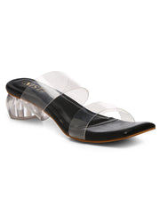 GNIST Black Twin Strap Transparent Clear Block Heels